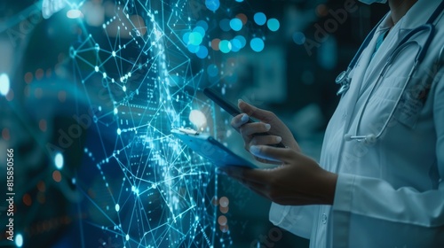 Medicine doctor hold icon health and electronic medical record on interface. Digital healthcare and network connection on hologram virtual screen, insurance. medical technology and network concept photo