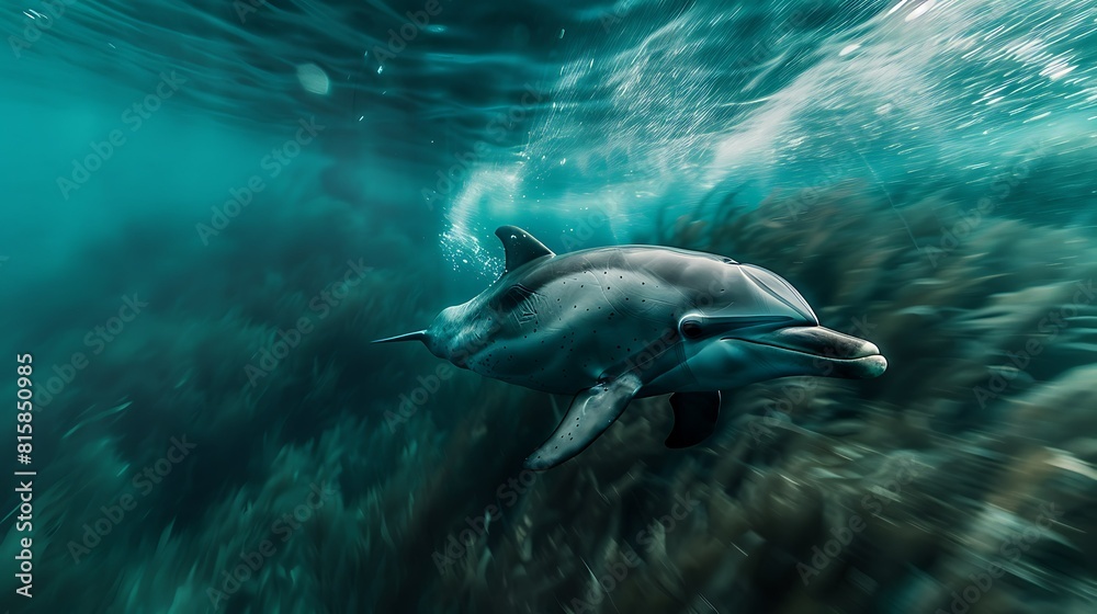 Obraz premium Dolphin in the water illustration, Beautiful, summer vibe, beach, ocean, sea, fish, background