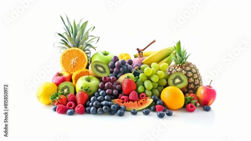 A variety of fruits including apples  grapes  bananas  pineapple  kiwi  strawberries  blueberries  and raspberries