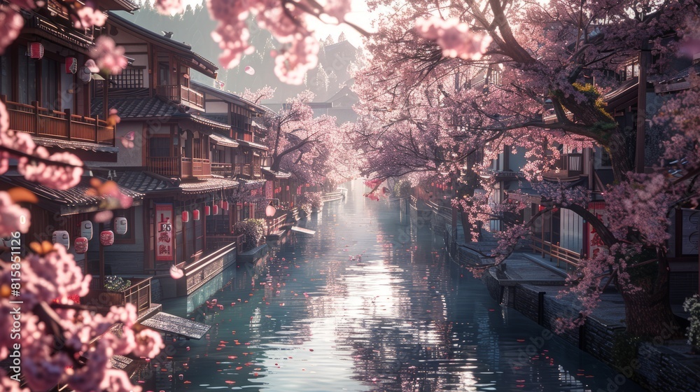 Obraz premium rural city of japan with sakura tree