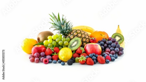 A variety of fruits including apples  grapes  pineapple  bananas  kiwi  strawberries  blueberries  and blackberries