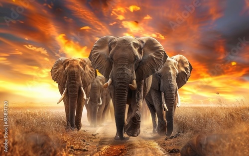 Elephants marching in golden savanna under a vibrant sunset sky. © OLGA