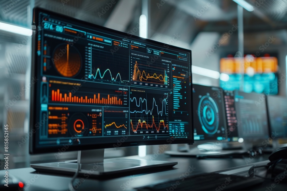 High-tech biosensor interface, its screen displaying a dynamic, multi-colored graph of biometric data being analyzed in real-time High-tech biosensor interface, its screen displaying a dynamic, multi-colored graph of biometric data being analyzed in real-time