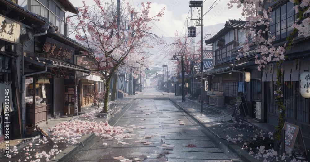 rural city of japan with sakura tree