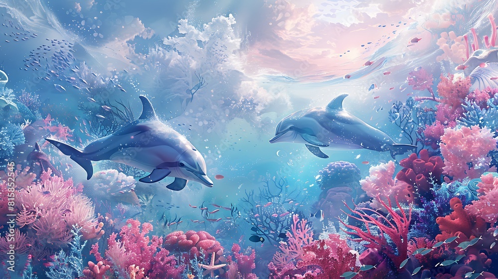 Fototapeta premium Dolphin in the water illustration, Beautiful, summer vibe, beach, ocean, sea, fish, background