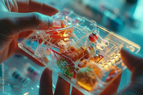 Transparent chip, no larger than a credit card, containing miniature organ replicas with biosensors embedded along the channels photo