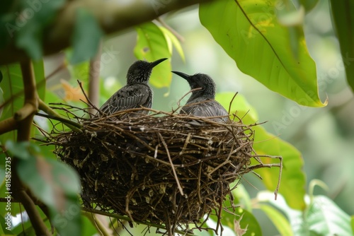 Hidden Birds sitting in wild tree nest. Wild flying creatures in home made with branches and twigs. Generate ai