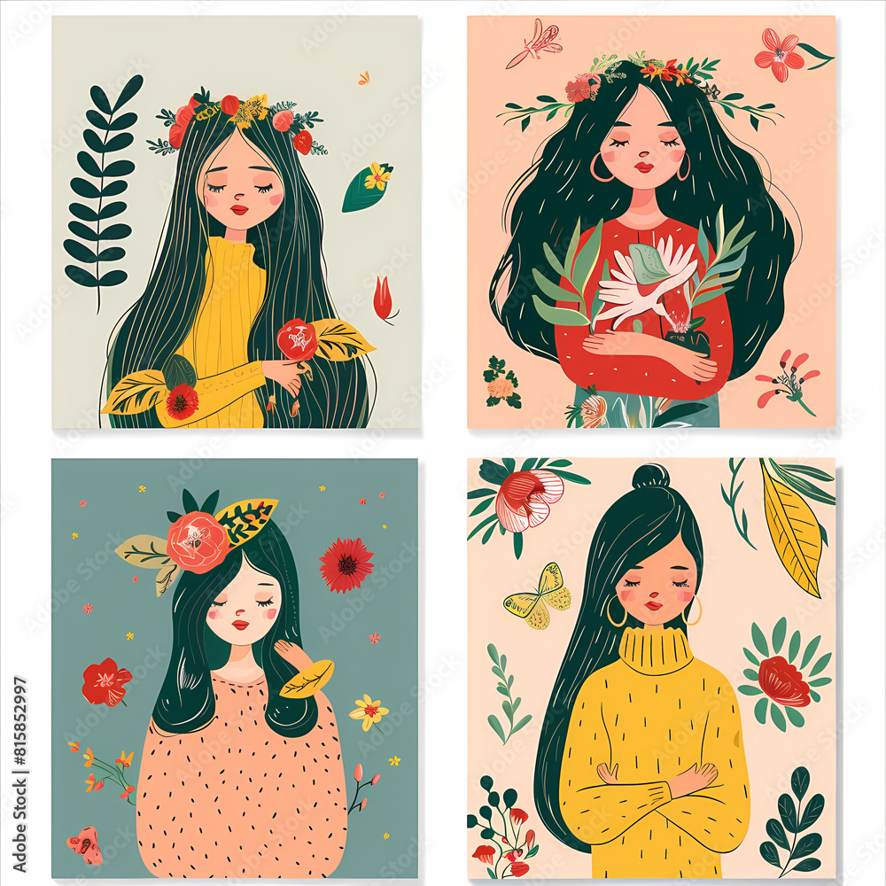 Cards with cute female set vector image Cards with cute female set vector image