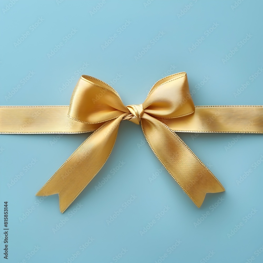 Fototapeta premium Exquisite Golden Ribbon and Bow on Serene Blue Background Evoking Luxury and Premium Elegance