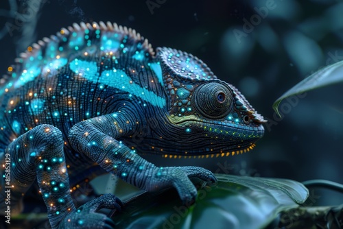 A biosensor-equipped cybernetic chameleon  its skin changing colors and patterns to indicate different physiological states  blending into the environment while monitoring health