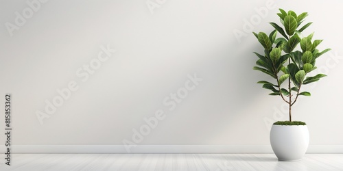 A solitary green plant in a white pot centered against a white wall on a clean surface, embodying harmony and balance