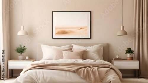 Blank white modern minimalist wall art mockup canvas, against a aesthetic cream color wall background, blank bedroom wall art mockup with cream theme 