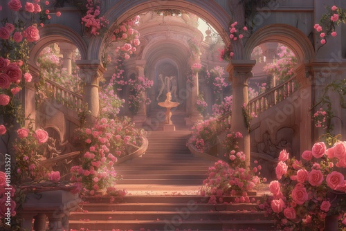 illustration fantasy background wallpaper of beautiful rose flower at ancient palace garden yard