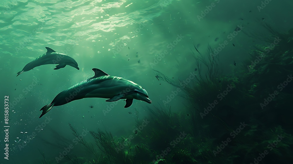 Obraz premium Dolphin in the water illustration, Beautiful, summer vibe, beach, ocean, sea, fish, background