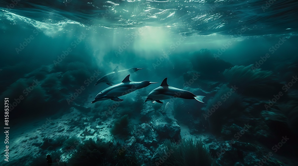 Fototapeta premium Dolphin in the water illustration, Beautiful, summer vibe, beach, ocean, sea, fish, background