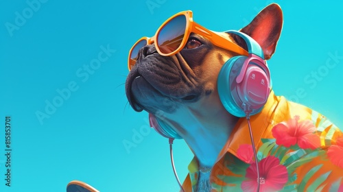 Retro 80s Style French Bulldog Riding Skateboard, Neon Lights and Funky Fashion. Surreal, Abstract Commercial or Editorial Concept Artwork， listening to music with headphones, super bright neon clothi photo