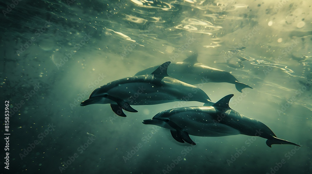 Obraz premium Dolphin in the water illustration, Beautiful, summer vibe, beach, ocean, sea, fish, background