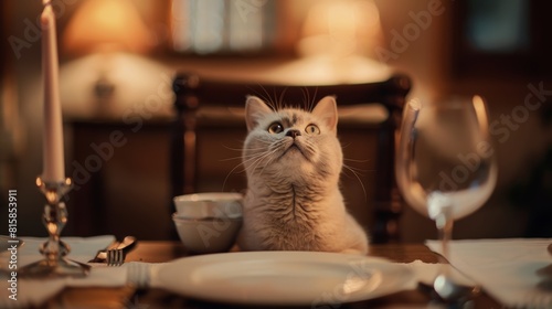 White British cat jumps onto dining table. The cat looks up at the camera.