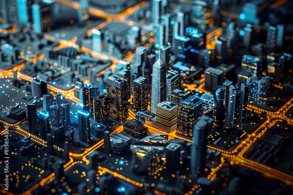 Aerial view of an abstract smart city downtown with office buildings, skyscrapers and business districts, with edges illuminated by white and blue glowing lights Aerial view of an abstract smart city downtown with office buildings, skyscrapers and business districts, with edges illuminated by white and blue glowing lights