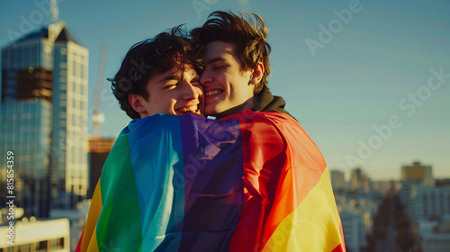A happy LGBT couple wrapped in a rainbow flag  embracing each other against a cityscape background  celebrating their relationship and identity