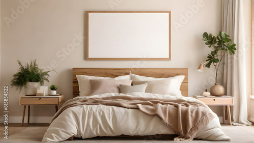 Blank white modern minimalist wall art mockup canvas, against a aesthetic granola color wall background, blank bedroom wall art mockup with granola theme © azteez