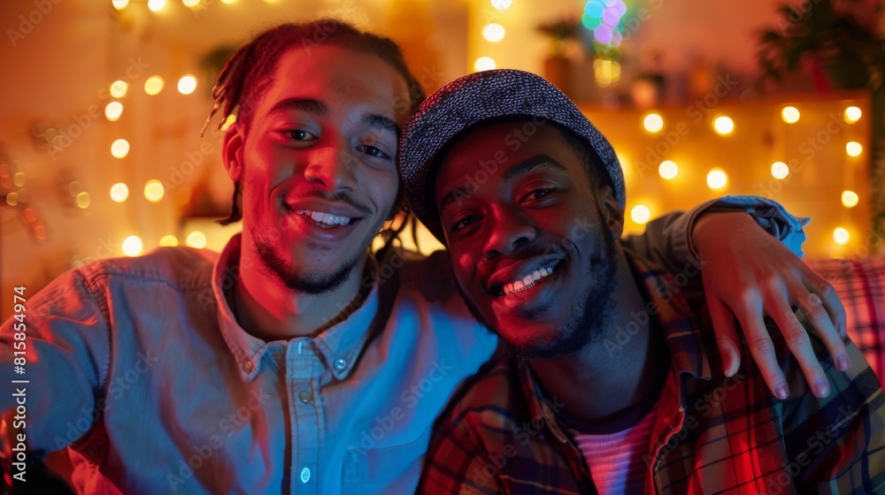 Obraz premium A young African American man with a disability poses with a disabled friend during a house party.