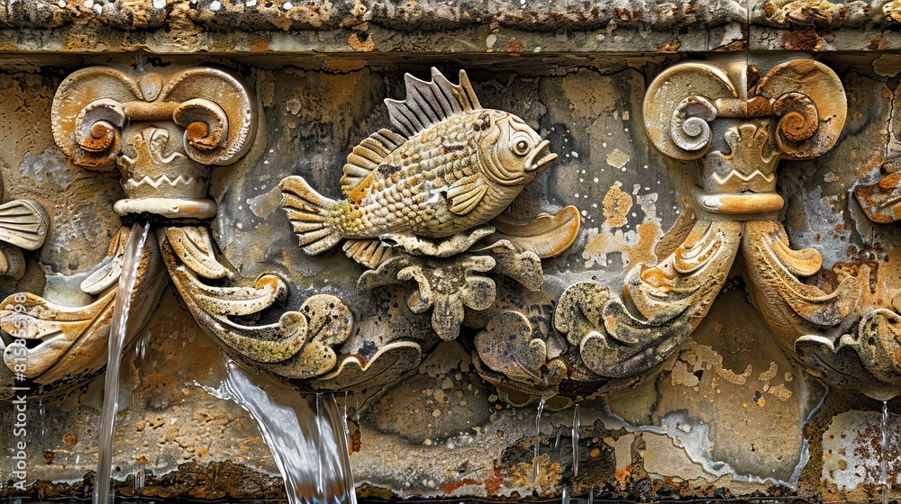 A medieval fontaine with a traditional Spanish pattern and a fish sculpture