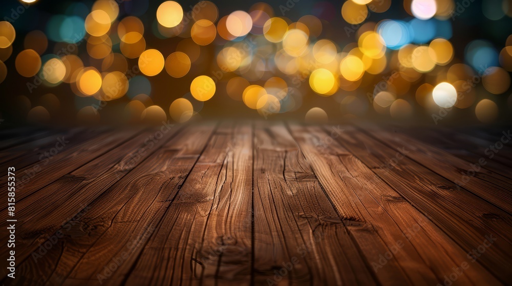 Capture an empty brown wooden floor with blurred abstract night light bokeh in the background, close-up, dynamic, Composite, with ample copy space for text Capture an empty brown wooden floor with blurred abstract night light bokeh in the background, close-up, dynamic, Composite, with ample copy space for text