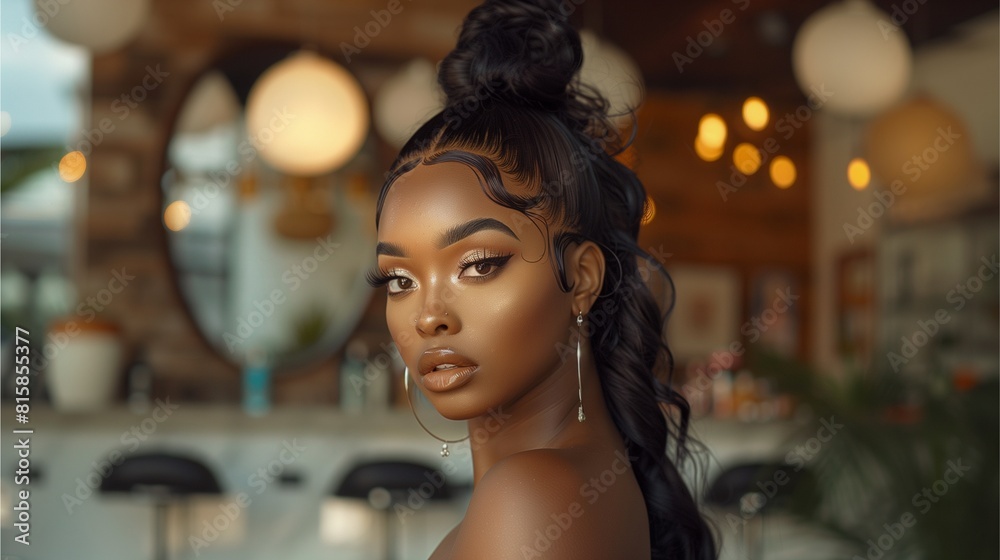 A black woman sits beautifully in a makeup room, getting dressed.