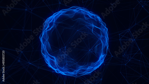Abstract sci-fi sphere with particles. Technology network connection on world. Futuristic illustration. Global digital connections ai. 3D wireframe geometric sphere. 3D rendering.