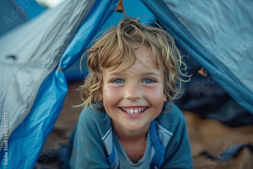 Closeup of a childs excited face as they help set up the tent, their enthusiasm adding to the joy of family camping in the summer photo