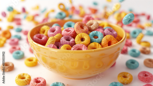 Colorful cereal  on a pink  background. Cereal background. Colorful breakfast food. top view of bright multicolored breakfast cereal arranged in round frame on white background. Colorful cereal. 