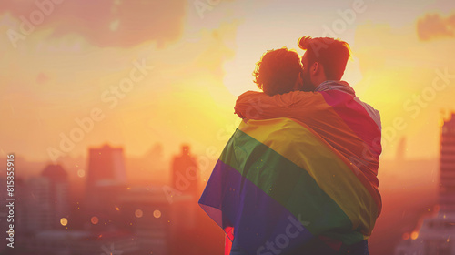 A happy LGBT couple wrapped in a rainbow flag, embracing each other against a cityscape background, celebrating their relationship and identity photo