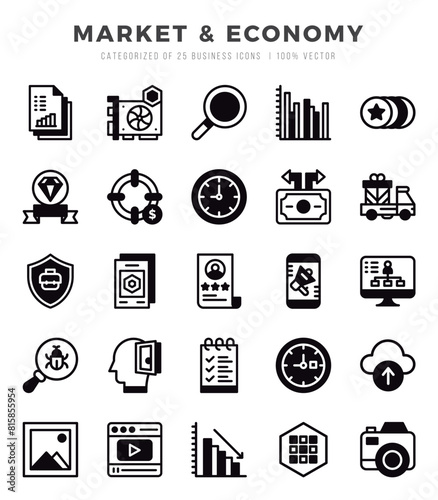 Market & Economy Icons Pack Lineal Filled Style. Vector illustration.