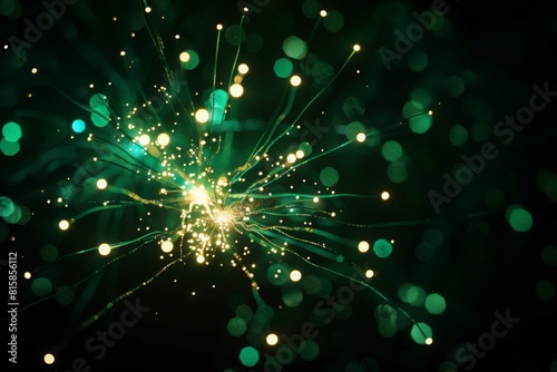 Fireworks show with exploding colorful lights, isolated on a black background sky. Green and glowing fireworks illuminating a St. Patrick's Day celebration event. Digital composite image including rea photo