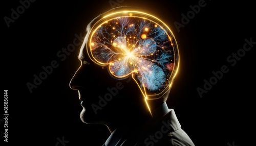 A man's head is lit up with a glowing brain