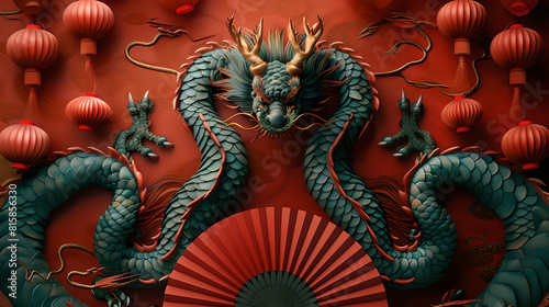 Wallpaper Mural Intricate Chinese Dragons and Lanterns in Festive Red, Generative AI Torontodigital.ca