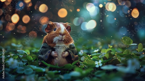 A cuddly guinea pig facing forward, content and cute, wearing a traditional meditation outfit, sitting cross-legged, seeking tranquility in a leafy clover patch under a starry sky, at midnight, 