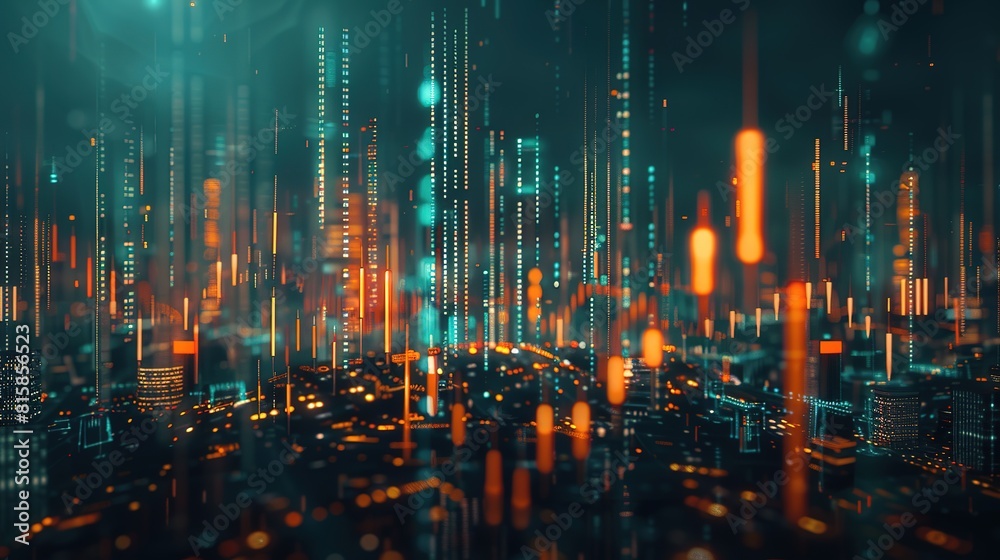 Abstract glowing big data forex candlestick chart on blurry city backdrop. Trade, technology, investment and analysis concept. Double exposure Abstract glowing big data forex candlestick chart on blurry city backdrop. Trade, technology, investment and analysis concept. Double exposure