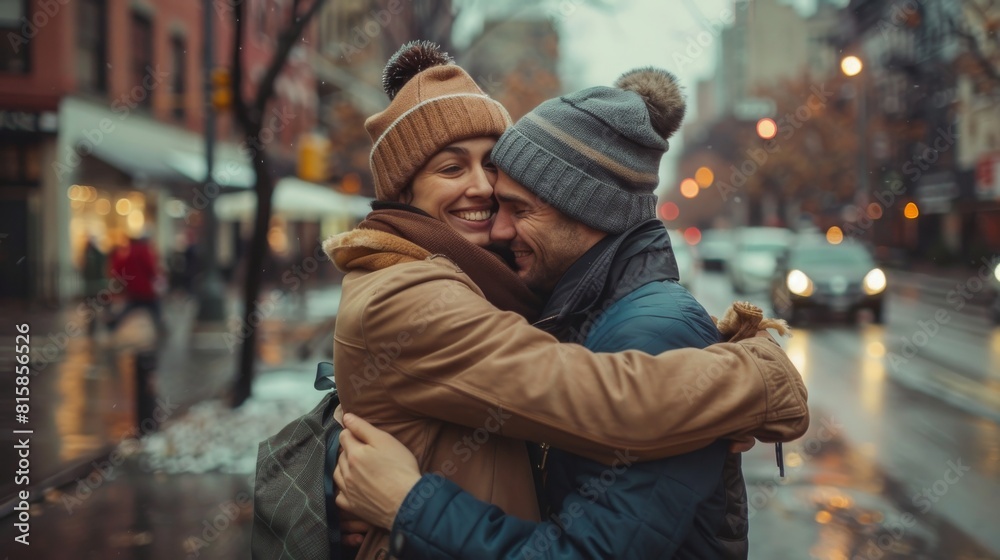 The tender embrace of a woman and her partner on a city street, sharing a sweet moment of love with one another The tender embrace of a woman and her partner on a city street, sharing a sweet moment of love with one another
