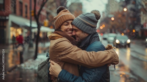 The tender embrace of a woman and her partner on a city street, sharing a sweet moment of love with one another photo