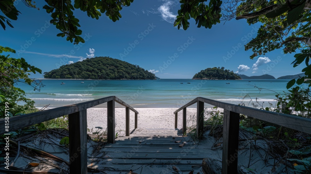 wooden stairs bordered by lush green vegetation, leading down to a sun-kissed beach where people swim and boat, against a backdrop of azure sea, sky, and distant islands with verdant trees. wooden stairs bordered by lush green vegetation, leading down to a sun-kissed beach where people swim and boat, against a backdrop of azure sea, sky, and distant islands with verdant trees.