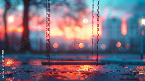 Illustrate the concept of absence with an empty playground at dusk, selective focus on a solitary swing, in a whimsical style using double exposure against a cityscape photo
