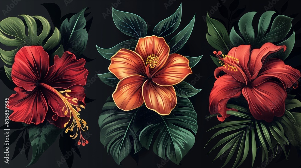 Three hibiscus flowers in full bloom stand out against a black background