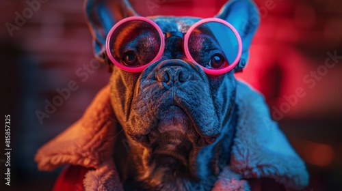 Photorealistic Glowing Neon French Bulldog Wearing Vibrant Futuristic 80s Fashion with Mirrored Sunglasses. Surreal Illuminated Apparel for Advertising and Commercial Design