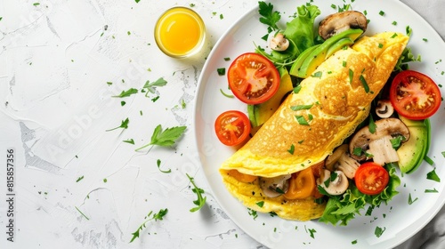 Breakfast rolled omelette with avocado, aragula, and mushrooms on white tile background with printed tiles.