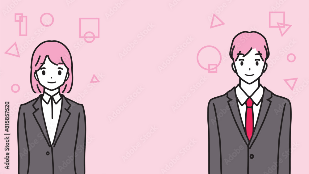 Line drawing illustration of a young man and woman in suits Line drawing illustration of a young man and woman in suits