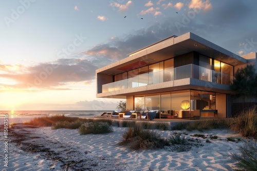 Modern European house on the beach. 3D generated image. Wall artworks at the far back are my own images and are just photos of dirty urban concrete walls and floors