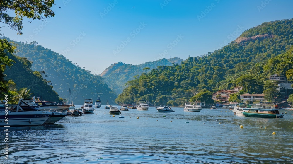 a serene lake beneath a clear blue sky, framed by distant mountains and buildings, with boats gently floating on the water.