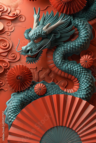 Sculpted Teal Dragon with Intricate Red Fans on Orange  Generative AI